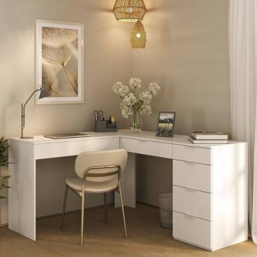 Imagem de Escrivaninha em L com 5 Gavetas para Escritório Branco