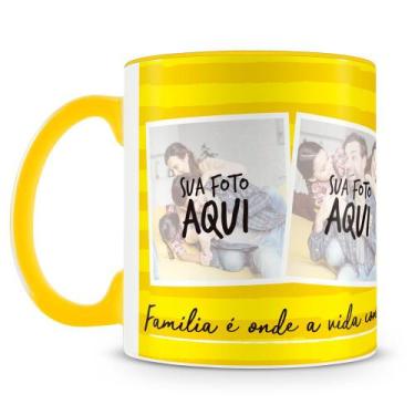Imagem de Caneca Amarela Personalizada Amor de Família com 4 Fotos - Amo Canecas
