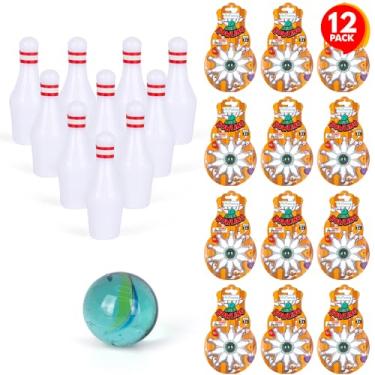 Imagem de ArtCreativity Mini jogo de boliche, conjunto de 12, cada conjunto inclui 10 pinos em miniatura e 1 bola de boliche de mármore, conjuntos de boliche de mesa para crianças e adultos, lembrancinhas de festa, enchimentos de saco de brinde e pequenos prêmios