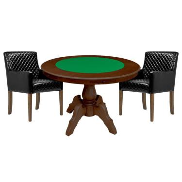 Imagem de Mesa de Jogos Carteado Montreal Tampo Reversível Imbuia com 2 Cadeiras Liverpool PU Preto Matelassê