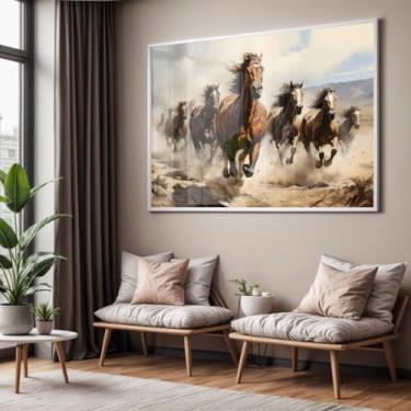 Imagem de Quadro com Moldura e Acrílico Crista l- Cavalos Correndo – Arte de Luxo Horizontal (40 x 60, BRANCO)