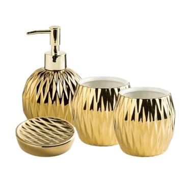 Imagem de Dispensador de sabão Conjunto de 5 peças cerâmica leve e luxuosa para banheiro, incluindo dispensador sabonete, copo para enxaguatório bucal saboneteira(Gold)