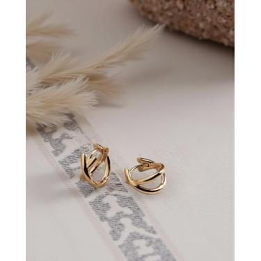 Imagem de 1 par de brincos femininos de luxo com cruz - argolas douradas de camada dupla | Joias de argola minimalistas simples e elegantes para ela