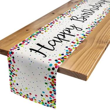 Imagem de Caminho de mesa de feliz aniversário (33 cm x 182 cm), corredor de mesa com padrão de fita de bolinhas colorida, durável, sazonal, cozinha, jantar, sala de estar, decoração de casa para festa ao ar