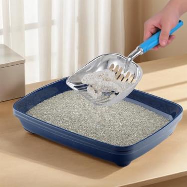 Imagem de Colher de areia para gatos, conveniente colher de areia para gatos de cabo longo, colher de cocô de gato com peneira fácil limpeza (azul)