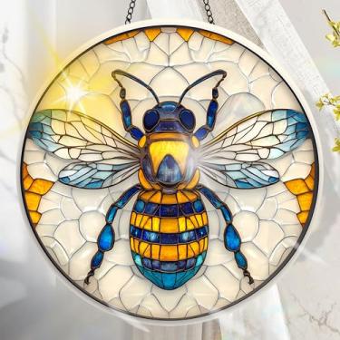 Imagem de Apanhador solar de acrílico colorido, decoração de janela suspensa de abelha com design de vitral impresso, apanhador de sol, arte de parede de arco-íris, ornamentos de Natal para uso interno e