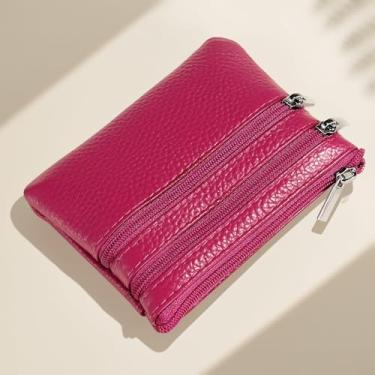 Imagem de Porta-moedas de couro genuíno com fecho de zíper, organizador de bolso pequeno premium para mulheres, Vermelho rosa, Small, Clássico