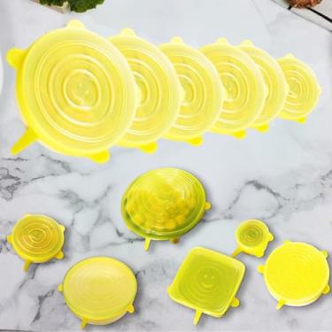 Imagem de 6 peças de tampas elásticas de silicone, tampas reutilizáveis de recipiente de silicone sem desperdício para sobras de potes de frutas (amarelo)