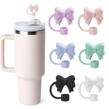 Imagem de 6 peças de topos de canudo de laço, capas fofas de canudos para Stanley copo de 30 e 1,134 g com alça, dispensador de canudo à prova de poeira de 10 mm para meninas e crianças (Mutlicolor)