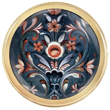 Imagem de Artinhand Pacote com 4 maçanetas de armário de cozinha estilo folclórico norueguês Rosemaling maçanetas redondas de alumínio dourado serrilhadas de orifício único puxadores de porta de armário de