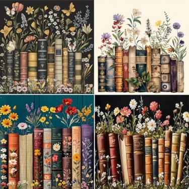 Imagem de Pintura por números para adultos e crianças iniciantes, pacote com 4 kits de pintura de flores por números em tela, kit de pintura de artista número por número de tintas acrílicas para pintura a óleo