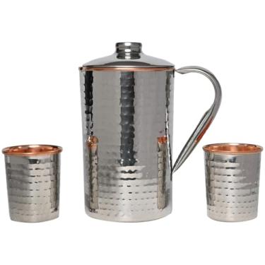 Imagem de Jarra de água de aço inoxidável e cobre puro com 2 copos (1,7 L/1,699 ml) | Padrão martelado | Benefícios para a saúde ayurvédica, jarro de aço de cobre feito à mão