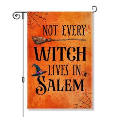 Imagem de Vgrti Bandeira de jardim Not Every Witch Lives In Salem, chapéu de bruxo de Halloween, morcegos, vassoura, decoração de quintal, outono sazonal, casa de fazenda, festa de férias, decoração ao ar livre