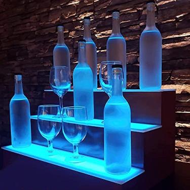 Imagem de Display de garrafa de vinho de licor iluminada com LED Suporte de exibição de bar para bar doméstico Prateleira de garrafa de bebidas em 3 degraus Prateleiras de iluminação com controle remoto