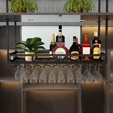 Imagem de Prateleira de copo de vinho, suporte de garrafa de vinho, prateleiras de vinho suspensas com suporte de vidro, prateleiras de vidro de vinho de teto de metal, suporte de garrafa industrial