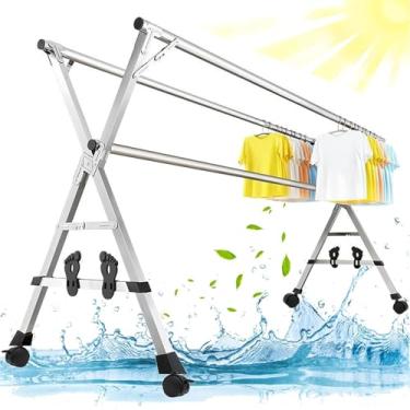 Imagem de Escorredor de roupas, secador de roupas extensível, secadora de roupas extensível dobrável com roda universal, ganchos resistentes ao vento e suporte para sapatos