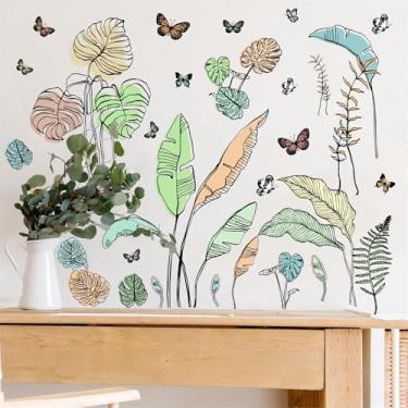 Imagem de Decalque de parede com folhas de palmeira boho folhas tropicais adesivo de parede removível folha de planta verde decalque descascar e colar folhas tropicais borboletas arte mural de vinil para quarto