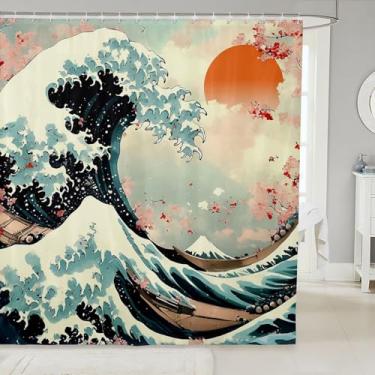 Imagem de jejeloiu Cortinas de chuveiro japonesas com tema Ukiyoe Cortina de banheiro para crianças, mulheres, homens, acessórios de banheiro padrão Hokusai, tecido de poliéster à prova d'água para barracas de