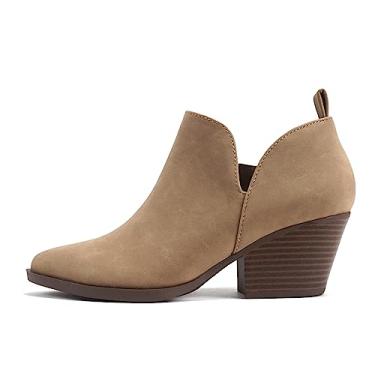 Imagem de Soda SECTÓRIO ~ Bota feminina bico fino corte V empilhado salto baixo grosso cano curto bota com zíper lateral, Latte Nubuck, 36
