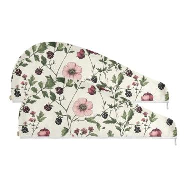 Imagem de SEHANY Toalha de cabelo de microfibra de flores coloridas elegantes para mulheres, 2 peças, turbantes de cabelo de secagem rápida com botão, touca de cabelo seco absorvente toalha de secagem de cabelo