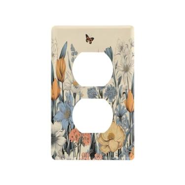 Imagem de Blueangle Placa de parede de saída dupla de flores silvestres coloridas, tamanho padrão, placas de cobertura de tomada elétrica de 1 gangue para decoração de quarto de escritório em casa, 4,53 x 2,76
