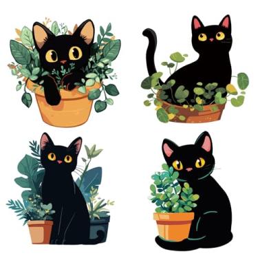Imagem de GORGECRAFT Decalque de janela de planta em vaso de 16 cm adesivo estático de gato preto redondo PVC removível decorativo janela de porta deslizante sem aderência, alerta anticolisão para parar