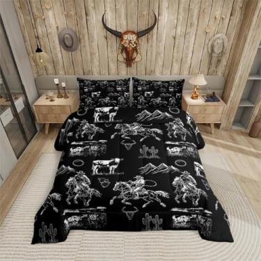 Imagem de Erosebridal Jogo de cama de caubói ocidental com estampa de vaca e cavalo preto e branco, para crianças, meninos, adolescentes, homens, oeste selvagem, deserto, cacto, edredom rústico para decoração