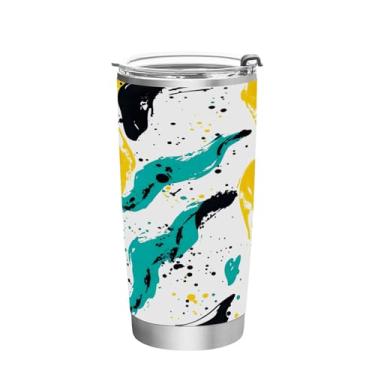 Imagem de Wassud Copo digital com salpicos de tinta com tampa e canudo de aço inoxidável de parede dupla copo isolado copo de viagem caneca de café para bebidas frias e quentes 350 ml