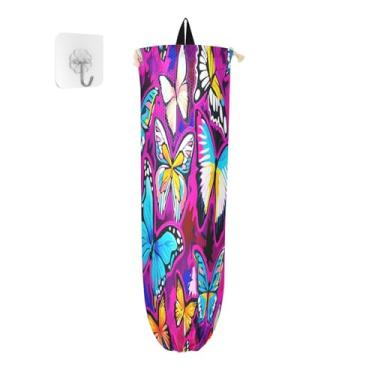 Imagem de Wassud Pacote com 2 porta-sacos plásticos de borboletas coloridas, suporte de parede para sacola de mercearia, armazenamento de cozinha para decoração de despensa de cozinha em casa