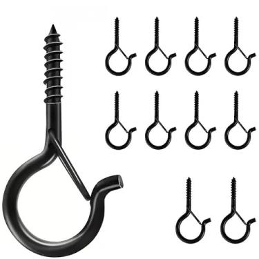 Imagem de Ganchos de parafuso em forma de Q com trava de segurança de metal, pacote com 10 unidades destacáveis para pendurar cordão de luzes, plantadores, sinos de vento, alimentadores de pássaros, preto