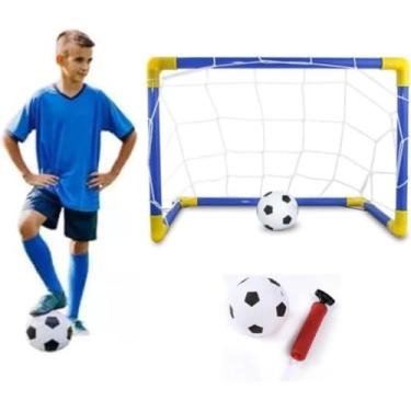 Imagem de Mini Rede Futebol Infantil Azul 60cm Kit Completo Trave Desmontável Gol Brinquedo Criança com Bola Rede Bomba Travinha Portátil Premium para Meninos