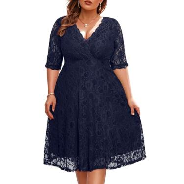 Imagem de Vestido feminino plus size para festa de casamento, coquetel, semi formal, renda, gola V, comprimento até o joelho, Azul marinho, 52
