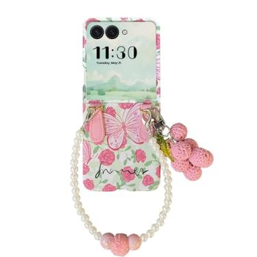 Imagem de Capa fofa para Samsung Z Flip 7 com corrente, linda estampa de flores de borboleta, design Galaxy Z Flip 7, capa protetora rígida fina para Samsung Galaxy Z Flip 7