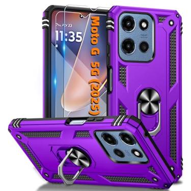 Imagem de Capa para Motorola Moto G 5G 2025 com 2 peças de protetor de tela HD, suporte de anel magnético com capa de celular resistente [ ] Capa protetora para Moto G 5G 2025, roxa