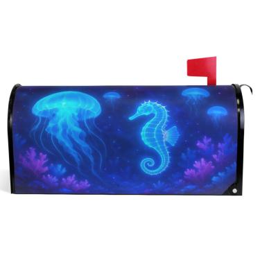 Imagem de TSENQUE Capas magnéticas decorativas para caixa de correio azul neon água-viva cavalo marinho outono caixa de correio caixa de correio moderna decoração de jardim tamanho padrão 52,6 x 45,8 cm