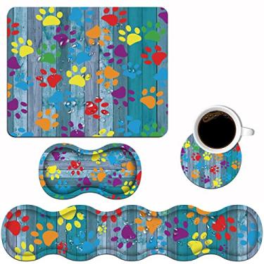 Imagem de Apoio de pulso ergonômico para teclado e mouse pad conjunto de descanso de pulso com porta-copos [4 peças], base de borracha antiderrapante para escritório em casa estudando fácil digitação e alívio da dor, placa de madeira rústica impressão colorida de pata
