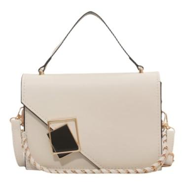 Imagem de Bolsa feminina pequena quadrada de poliuretano bolsa de ombro moderna bolsa transversal bolsa de corrente simples para primavera, Branco, Branca