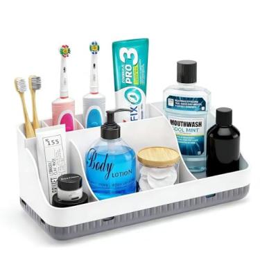 Imagem de Organizador de balcão de banheiro, suporte de escova de dentes removível com 7 compartimentos com design antiderrapante para armazenamento de escova de dentes elétrica e pasta de dente, organizador de