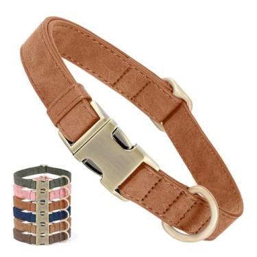 Imagem de Coleira de couro genuíno para cães – Coleira ajustável para animais de estimação com fivela de metal de liberação rápida, coleira de couro verdadeiro para cães pequenos, médios e grandes (Caqui, P