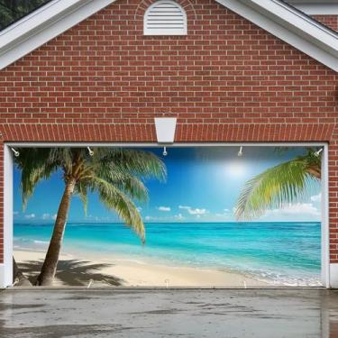 Imagem de Decoração de faixa de porta de garagem, grande decoração de capa de páscoa interna externa para casa, pano de fundo de festa de férias à prova d'água para varanda, quintal, parede (praia de palmeiras
