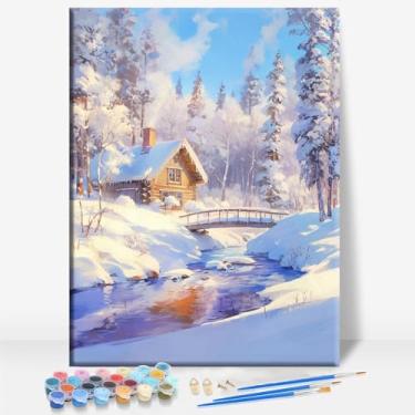 Imagem de HUINORYA Fairbanks Winter Alaska Tela emoldurada DIY Kit de pintura por números bar café caverna casa de banho parede banheiro varanda pátio decoração presente, 40,6 x 30,5 cm