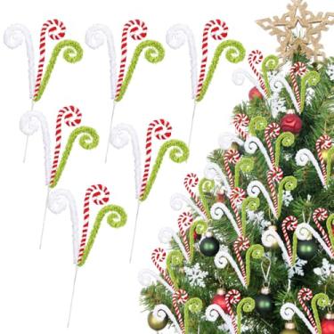 Imagem de 6 palhetas de árvore de Natal, decorações de Natal de bengala doce, enfeite de árvore de Natal de 40,6 cm, palheta de pirulito encaracolado de lã, vermelho, verde e branco, enfeites grandes para