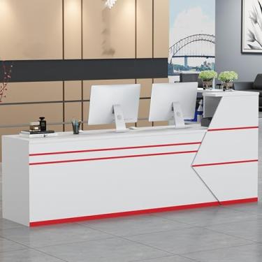Imagem de Mesa de recepção moderna em forma de L com gaveta com trava, prateleira aberta e bandeja de teclado - balcão frontal ideal para salão, saguão ou escritório - Acabamento vermelho elegante - 120 cm