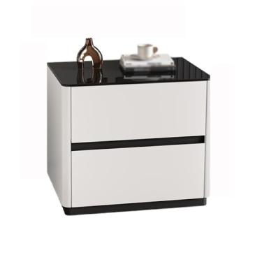 Imagem de Mesa lateral de madeira branca mesa de cabeceira quarto armazenamento de cabeceira doméstico gaveta dupla armário de vidro prateleira de armazenamento (média)