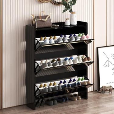 Imagem de Armário de sapatos de entrada, armário de sapatos vertical com 3 gavetas flip-flop, armário de sapatos estreito de madeira com prateleiras ajustáveis e removíveis fundo aberto adequado para varandas