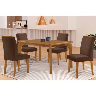 Imagem de Mesa Cozinha Londrina c/ Tampo Madeirado Canto Curvo 120x90cm e 4 Cadeiras Dakota Madeira Maciça Naturale - Capuccino/Suede Marrom-Rufato