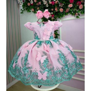 Imagem de Vestido Luxo Marie Jardim Encantado Rosa e Verde Tiffany para Crianças