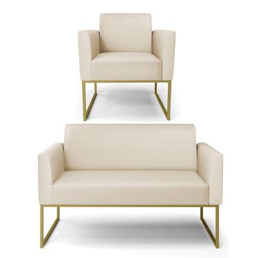 Imagem de Sofá Namoradeira Com Poltrona Base Industrial Dourado Marisa Corino D03 - D\'rossi Cor Bege