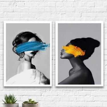 Imagem de Kit 2 Quadros Mulheres Com Tinta Azul E Amarelo 24X18 Branca