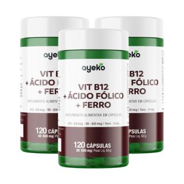 Imagem de 3x Vitamina B12 + Ácido Fólico + Ferro 120 Cápsulas - Ayeko